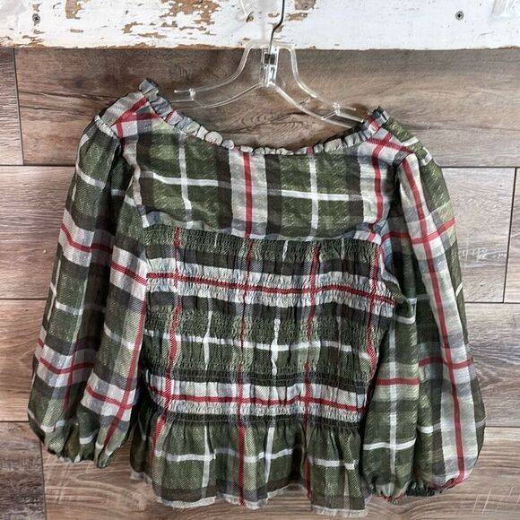 KAY + JAY  Bubble Sleeve Smocked Ruffled Cropped Blouse SZ Small Dark Green Red - Picture 4 of 7
